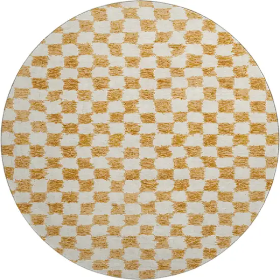 8' Orange And Ivory Geometric Washable Round Rug With UV Protection Photo 1