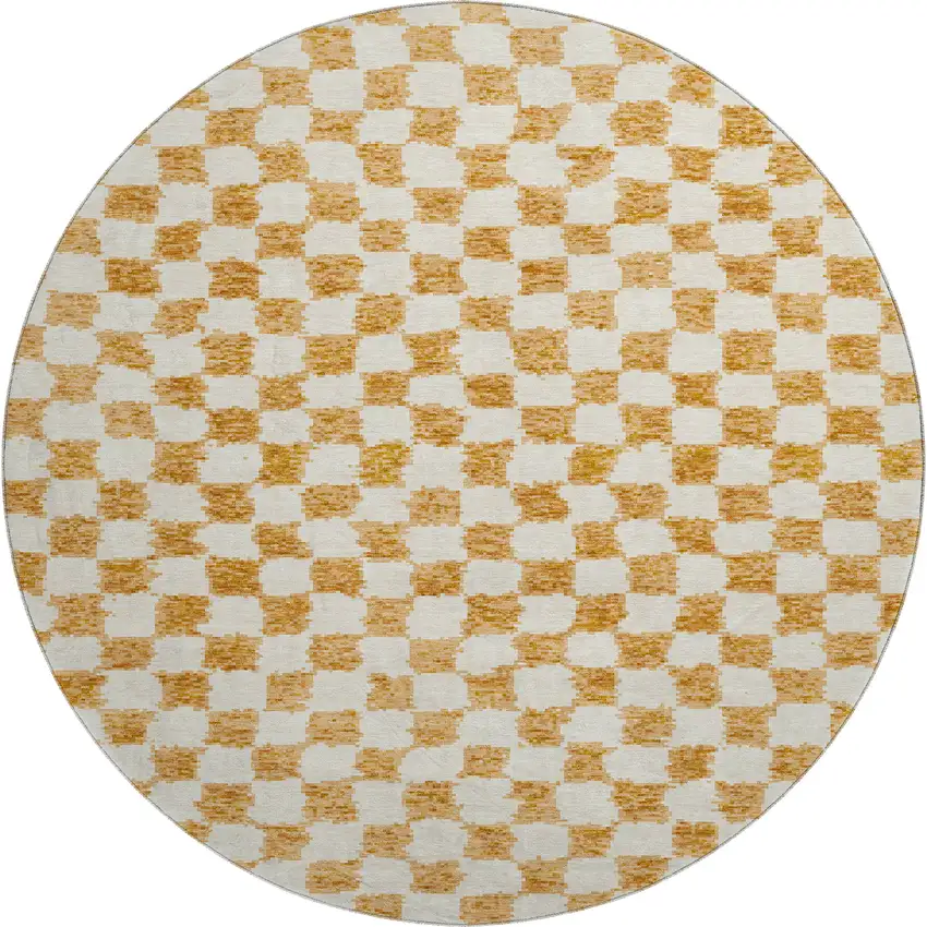 8' Orange And Ivory Geometric Washable Round Rug With UV Protection Photo 1