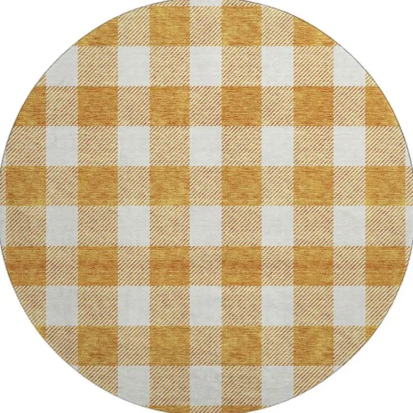 8' Orange And Ivory Plaid Washable Round Rug With UV Protection Photo 3