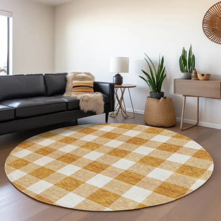 8' Orange And Ivory Plaid Washable Round Rug With UV Protection Photo 4