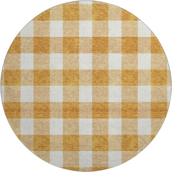 8' Orange And Ivory Plaid Washable Round Rug With UV Protection Photo 1