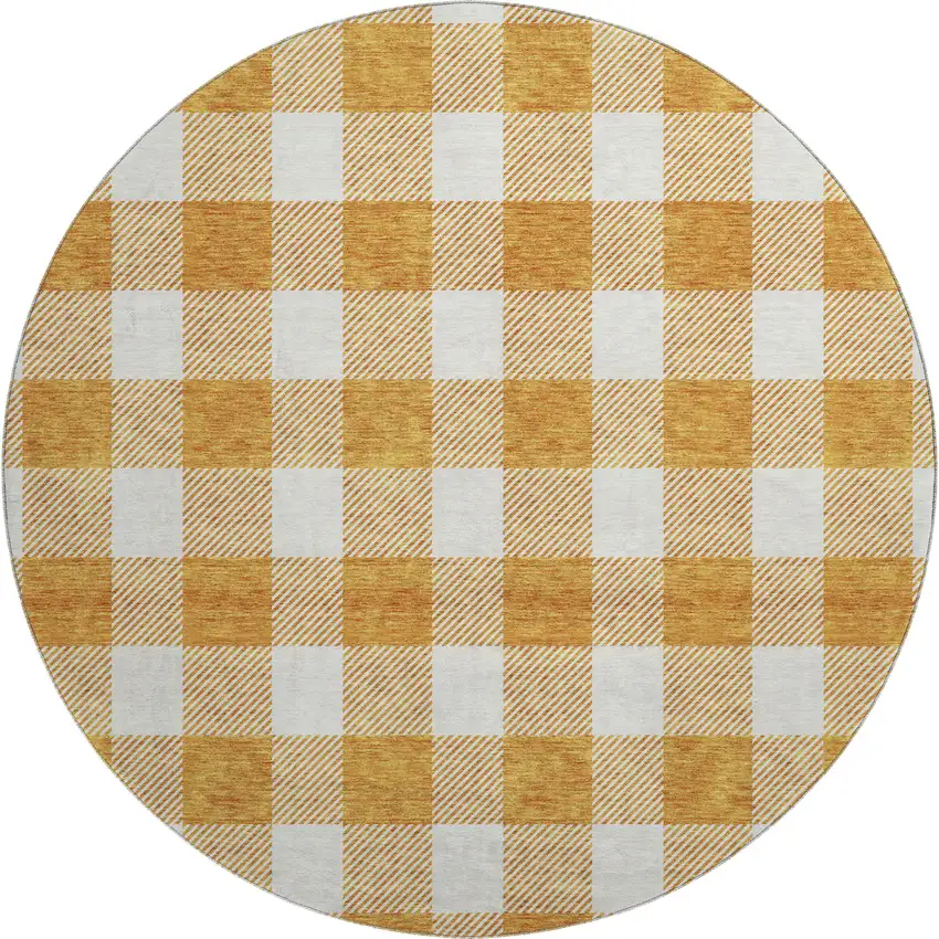 8' Orange And Ivory Plaid Washable Round Rug With UV Protection Photo 1