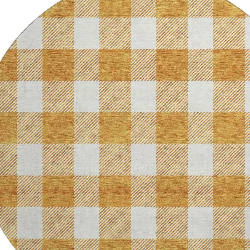 8' Orange And Ivory Plaid Washable Round Rug With UV Protection Photo 2