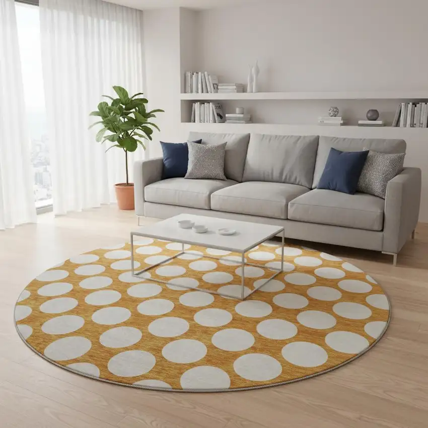 8' Orange And Ivory Polka Dot Washable Round Rug With UV Protection Photo 2