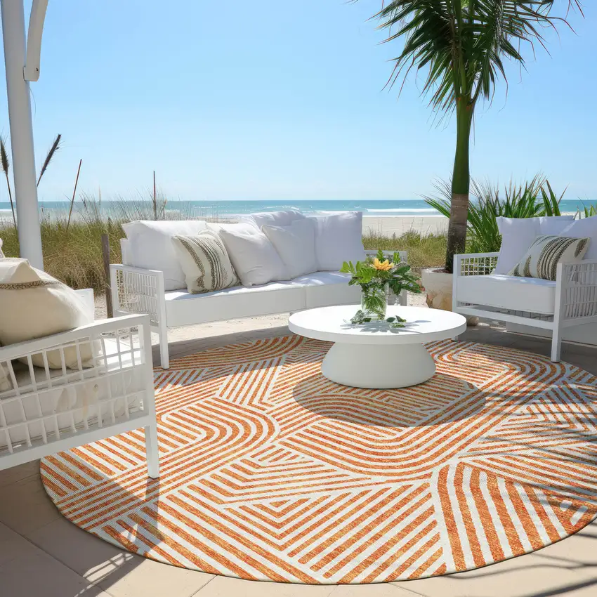 8' Orange And Ivory Round Abstract Washable Indoor Outdoor Area Rug Photo 7