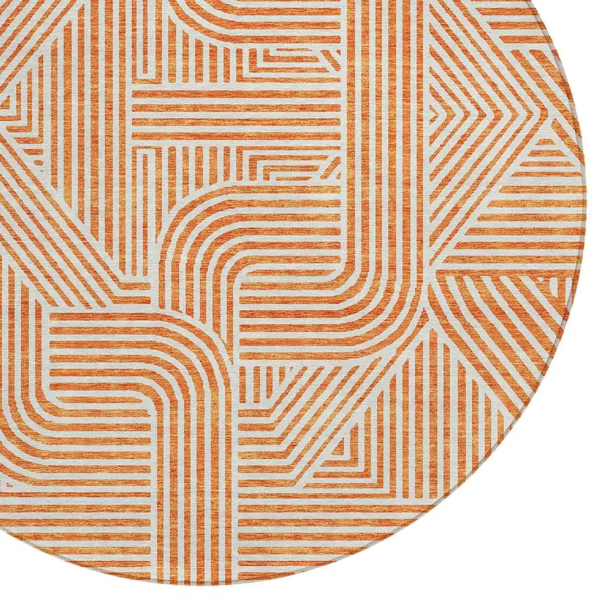 8' Orange And Ivory Round Abstract Washable Indoor Outdoor Area Rug Photo 5