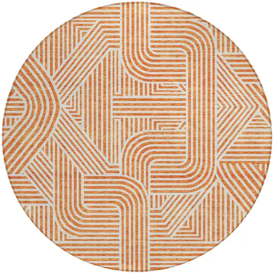 8' Orange And Ivory Round Abstract Washable Indoor Outdoor Area Rug Photo 2