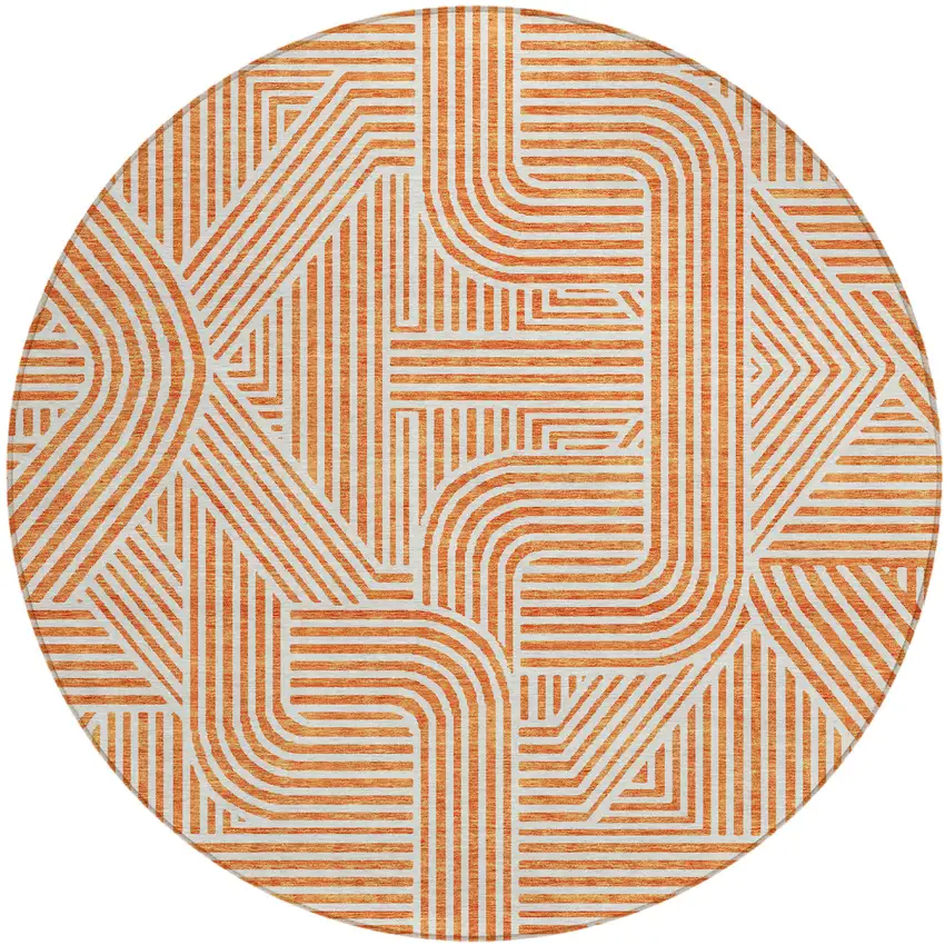 8' Orange And Ivory Round Abstract Washable Indoor Outdoor Area Rug Photo 2