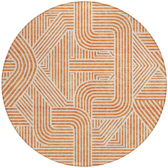 8' Orange And Ivory Round Abstract Washable Indoor Outdoor Area Rug Photo 6