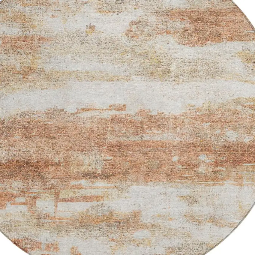 8' Orange And Ivory Round Abstract Washable Indoor Outdoor Area Rug Photo 6