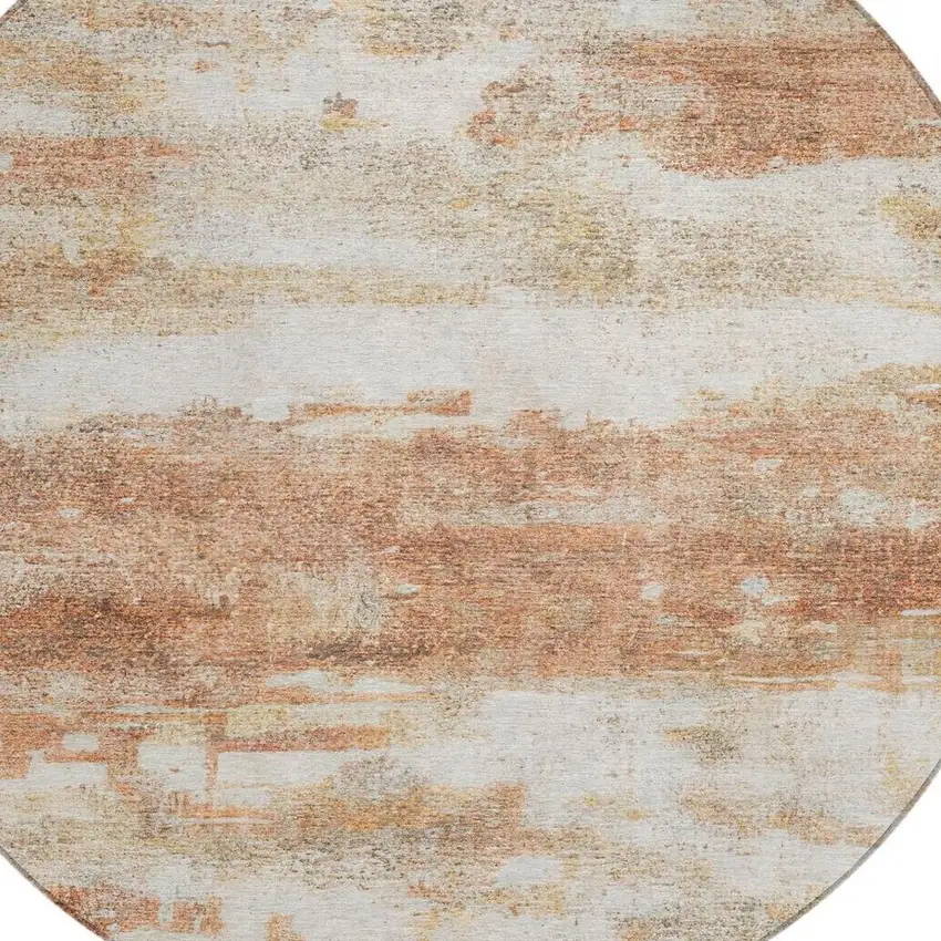 8' Orange And Ivory Round Abstract Washable Indoor Outdoor Area Rug Photo 7