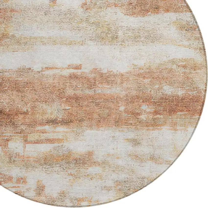 8' Orange And Ivory Round Abstract Washable Indoor Outdoor Area Rug Photo 5