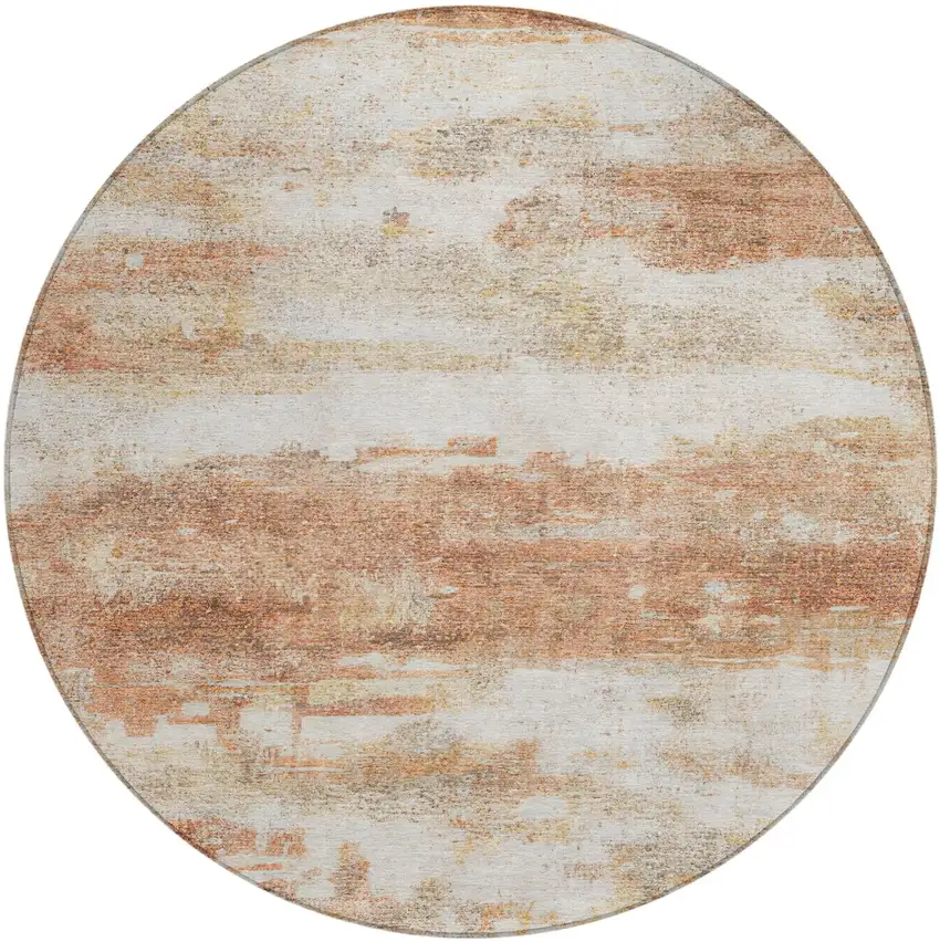 8' Orange And Ivory Round Abstract Washable Indoor Outdoor Area Rug Photo 1