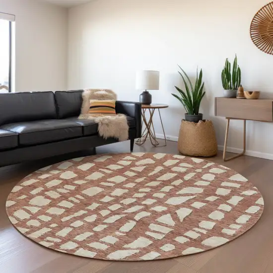 8' Orange And Ivory Round Abstract Washable Indoor Outdoor Area Rug Photo 7