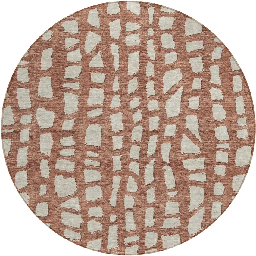 8' Orange And Ivory Round Abstract Washable Indoor Outdoor Area Rug Photo 2
