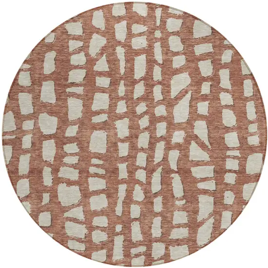 8' Orange And Ivory Round Abstract Washable Indoor Outdoor Area Rug Photo 2