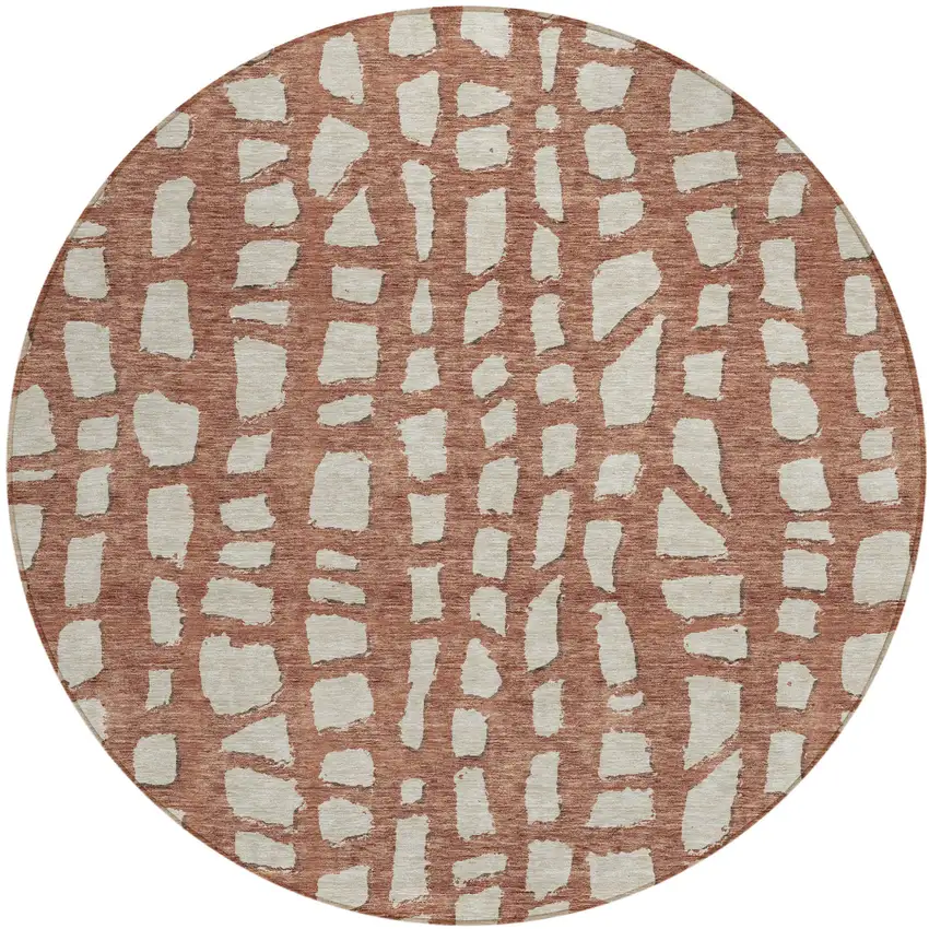8' Orange And Ivory Round Abstract Washable Indoor Outdoor Area Rug Photo 2