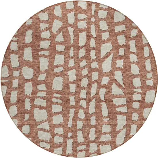 8' Orange And Ivory Round Abstract Washable Indoor Outdoor Area Rug Photo 2