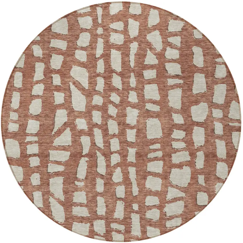 8' Orange And Ivory Round Abstract Washable Indoor Outdoor Area Rug Photo 6