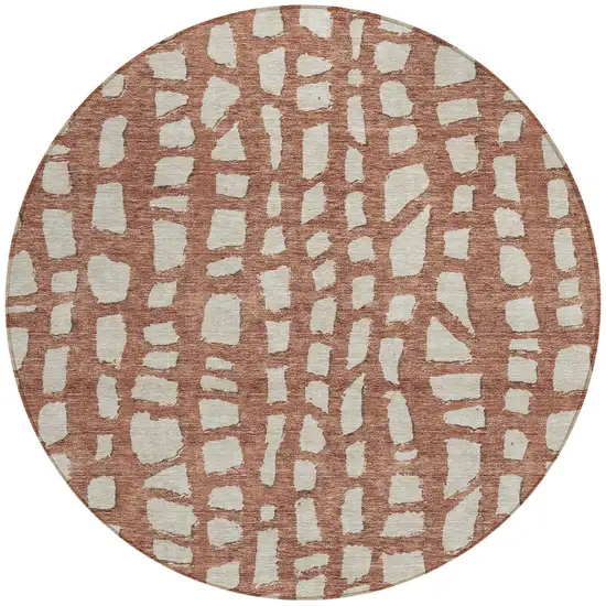 8' Orange And Ivory Round Abstract Washable Indoor Outdoor Area Rug Photo 4