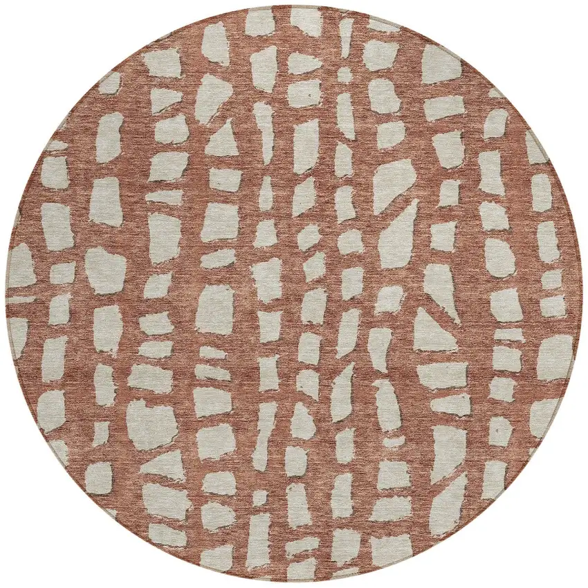8' Orange And Ivory Round Abstract Washable Indoor Outdoor Area Rug Photo 4