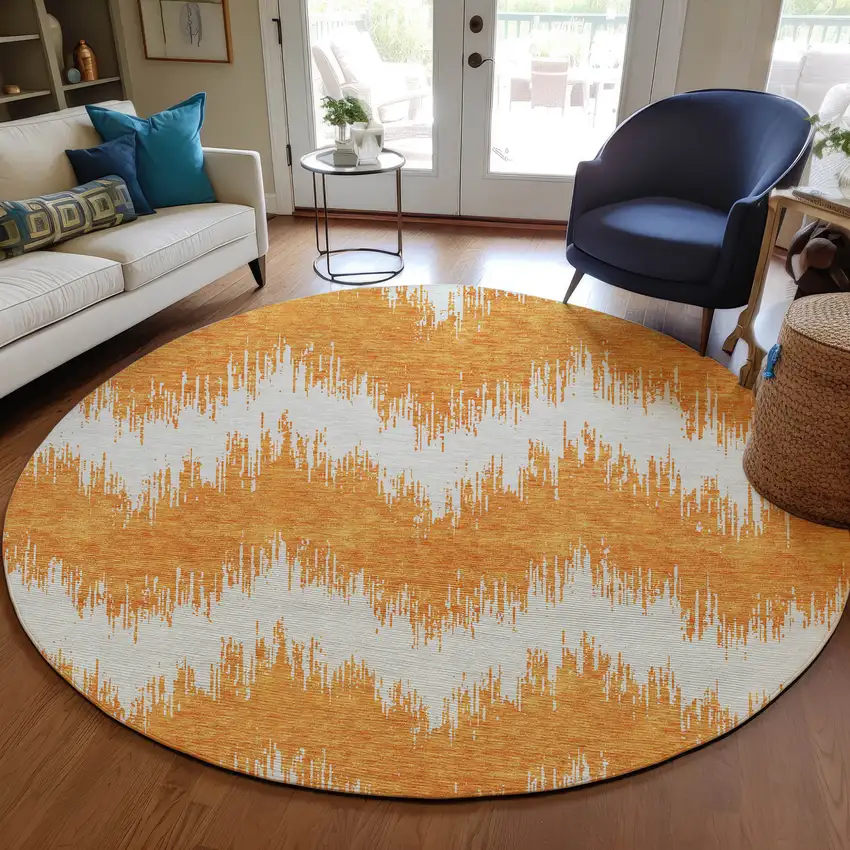 8' Orange And Ivory Round Chevron Washable Indoor Outdoor Area Rug Photo 8