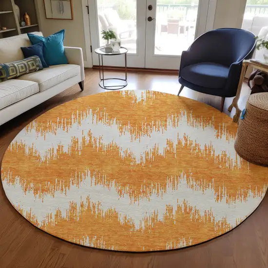 8' Orange And Ivory Round Chevron Washable Indoor Outdoor Area Rug Photo 8