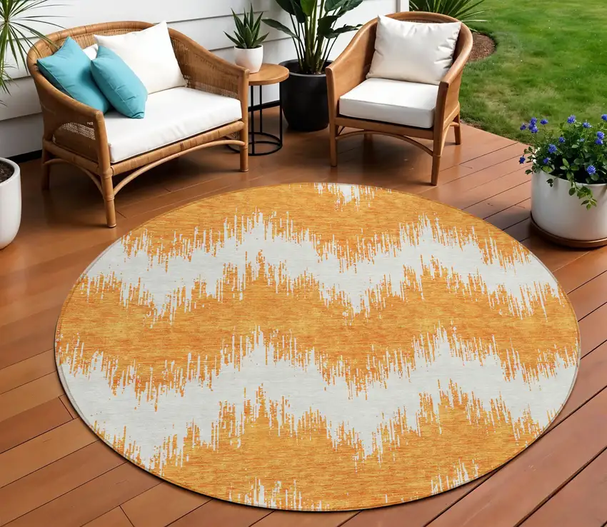 8' Orange And Ivory Round Chevron Washable Indoor Outdoor Area Rug Photo 1