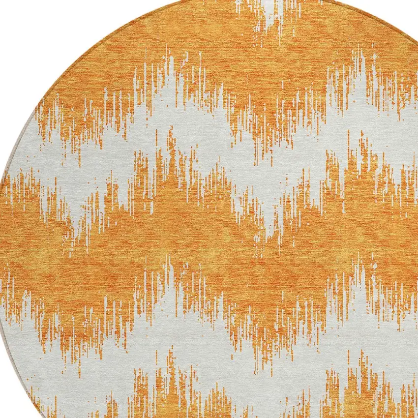 8' Orange And Ivory Round Chevron Washable Indoor Outdoor Area Rug Photo 5