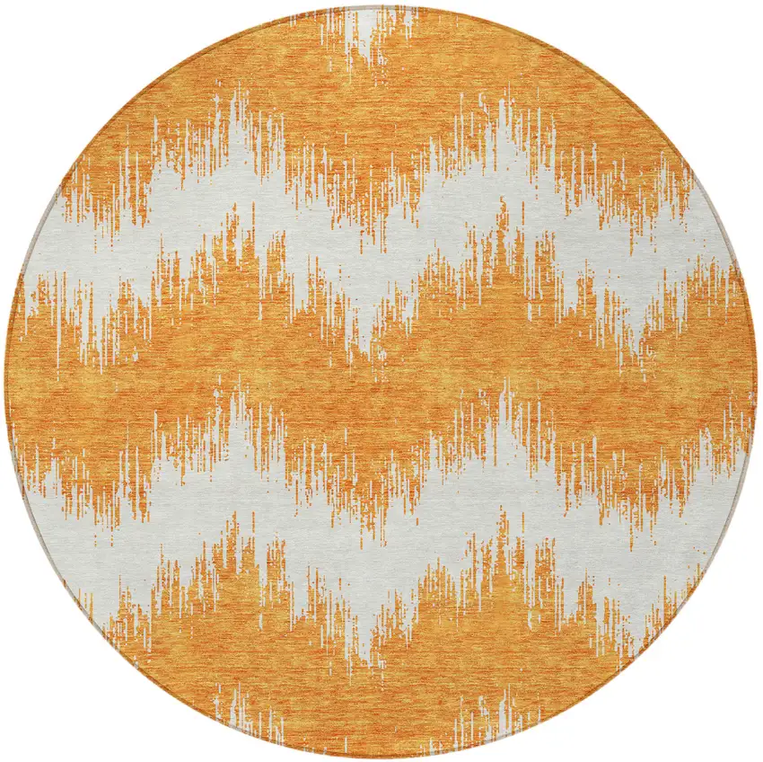 8' Orange And Ivory Round Chevron Washable Indoor Outdoor Area Rug Photo 6