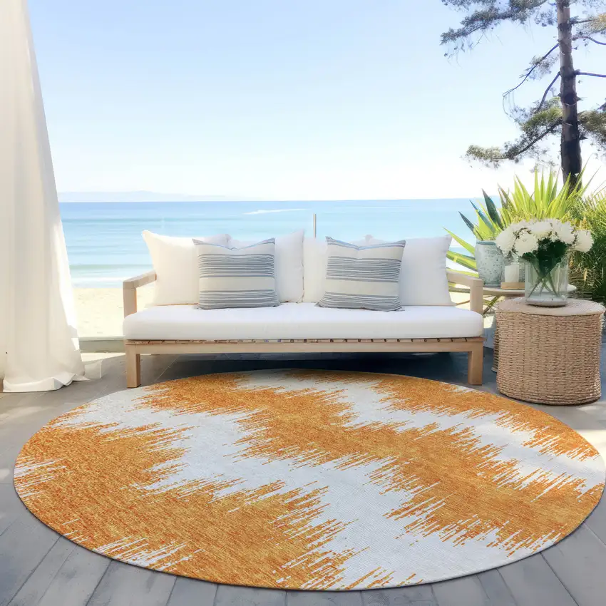 8' Orange And Ivory Round Chevron Washable Indoor Outdoor Area Rug Photo 7