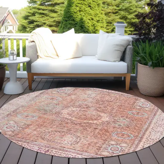 8' Orange And Ivory Round Floral Medallion Washable Indoor Outdoor Area Rug Photo 6