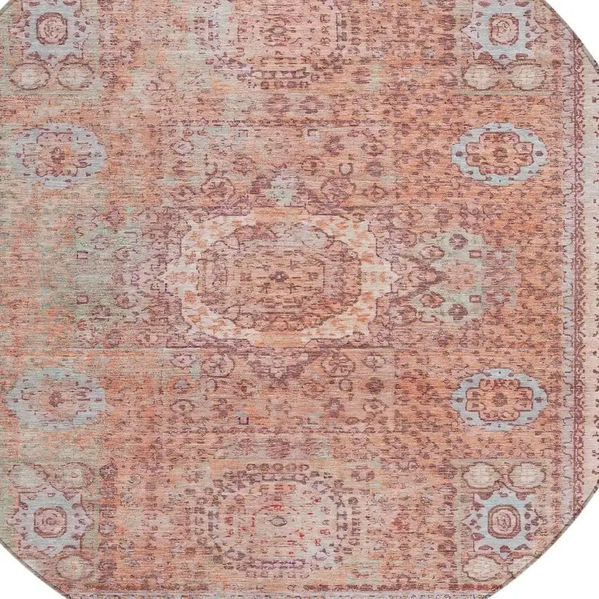 8' Orange And Ivory Round Floral Medallion Washable Indoor Outdoor Area Rug Photo 4
