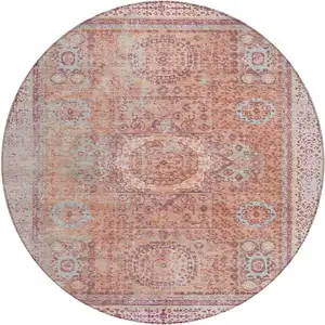 Photo of 8' Orange And Ivory Round Floral Medallion Washable Indoor Outdoor Area Rug