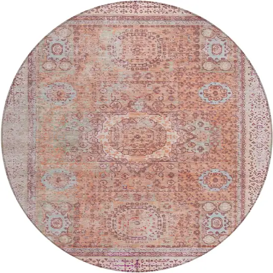 8' Orange And Ivory Round Floral Medallion Washable Indoor Outdoor Area Rug Photo 1