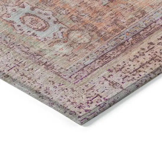 8' Orange And Ivory Round Floral Medallion Washable Indoor Outdoor Area Rug Photo 8