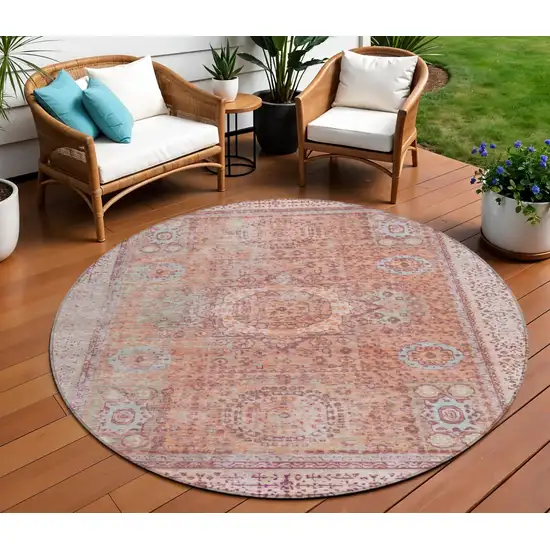 8' Orange And Ivory Round Floral Medallion Washable Indoor Outdoor Area Rug Photo 2