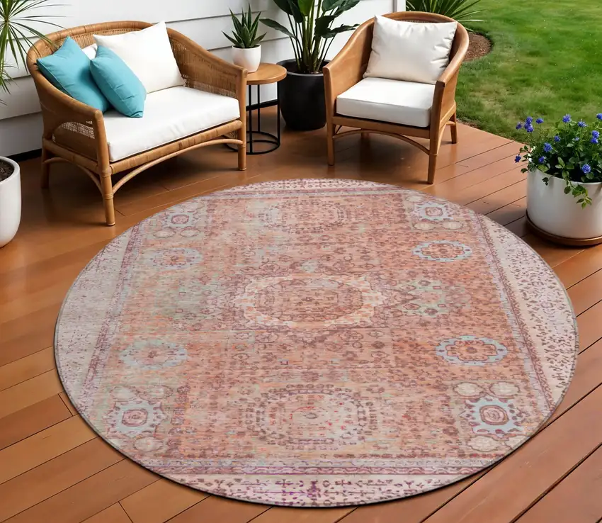 8' Orange And Ivory Round Floral Medallion Washable Indoor Outdoor Area Rug Photo 2