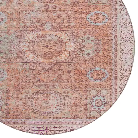 8' Orange And Ivory Round Floral Medallion Washable Indoor Outdoor Area Rug Photo 9