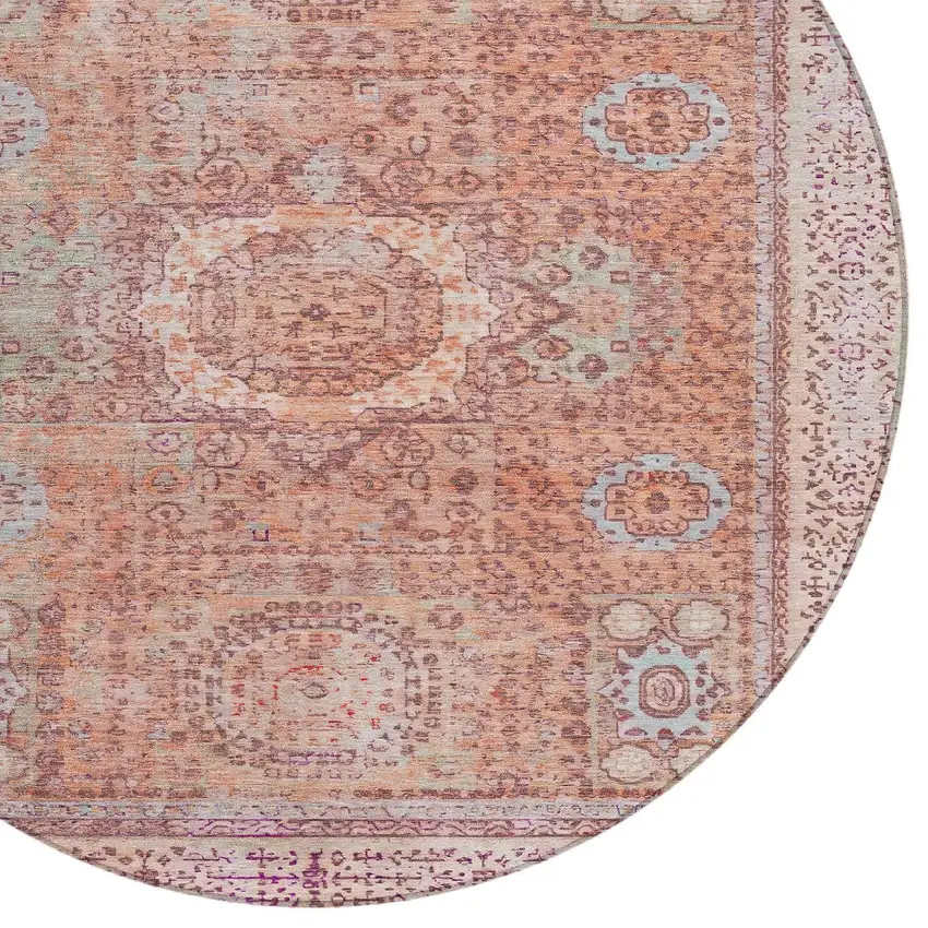 8' Orange And Ivory Round Floral Medallion Washable Indoor Outdoor Area Rug Photo 9