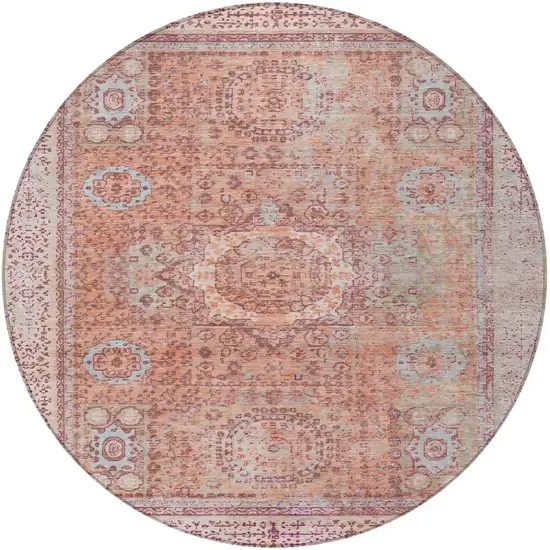 8' Orange And Ivory Round Floral Medallion Washable Indoor Outdoor Area Rug Photo 3