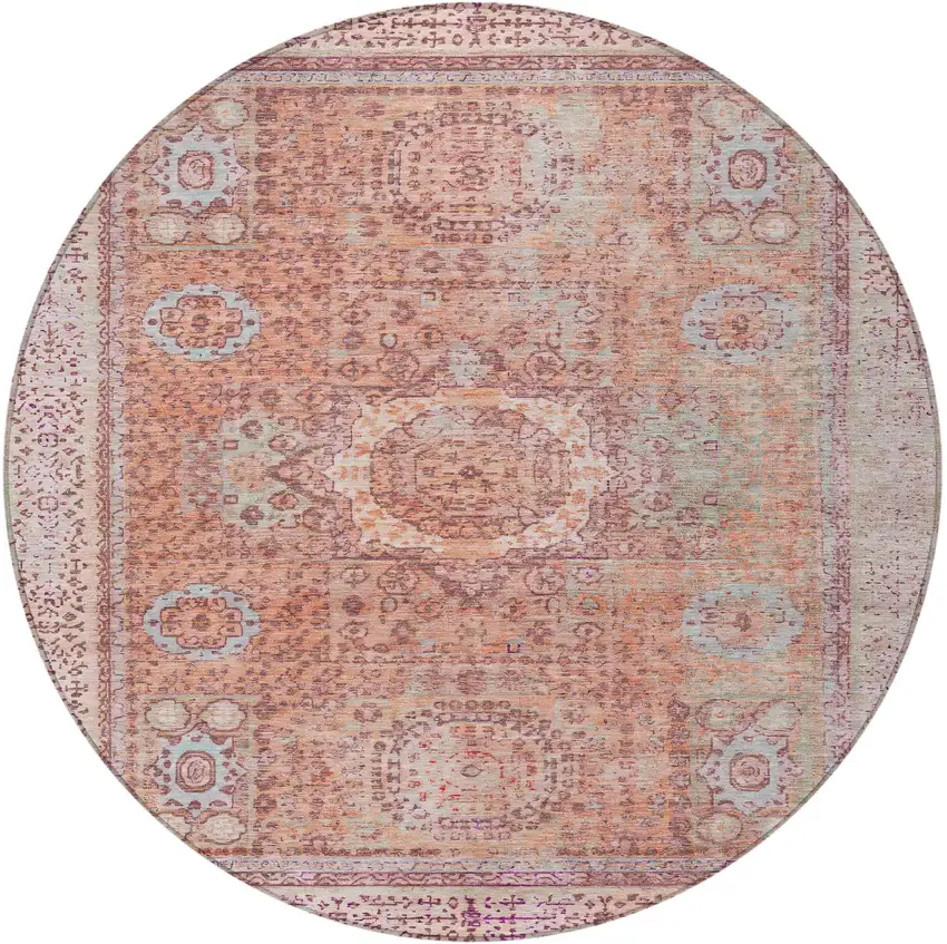 8' Orange And Ivory Round Floral Medallion Washable Indoor Outdoor Area Rug Photo 3