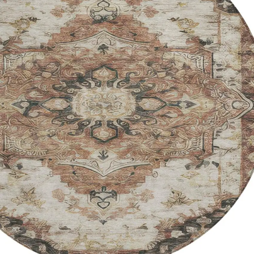 8' Orange And Ivory Round Floral Medallion Washable Indoor Outdoor Area Rug Photo 5