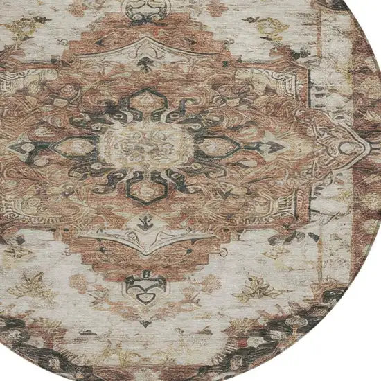 8' Orange And Ivory Round Floral Medallion Washable Indoor Outdoor Area Rug Photo 4