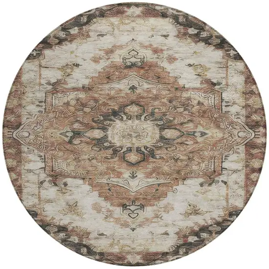 8' Orange And Ivory Round Floral Medallion Washable Indoor Outdoor Area Rug Photo 2