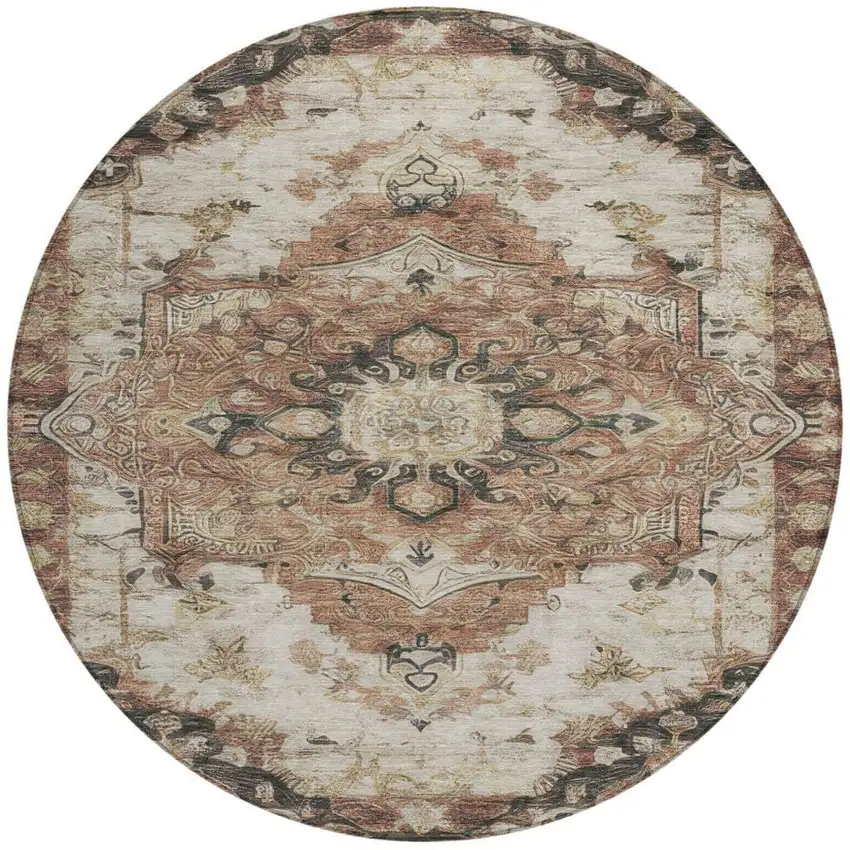 8' Orange And Ivory Round Floral Medallion Washable Indoor Outdoor Area Rug Photo 2