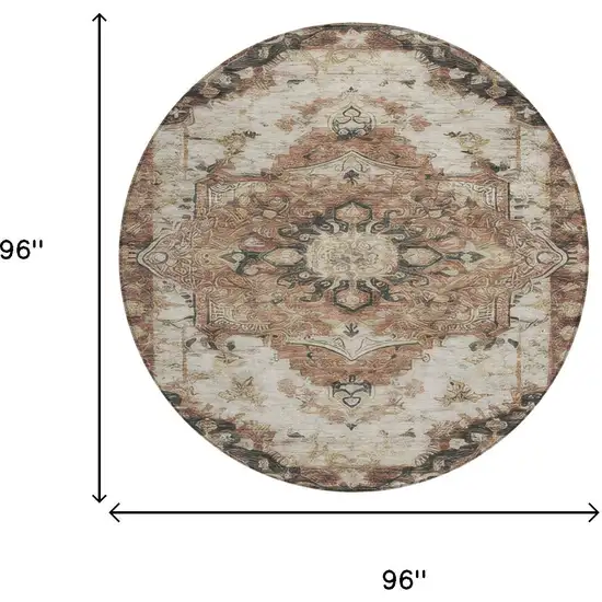8' Orange And Ivory Round Floral Medallion Washable Indoor Outdoor Area Rug Photo 9