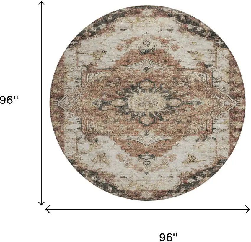 8' Orange And Ivory Round Floral Medallion Washable Indoor Outdoor Area Rug Photo 9