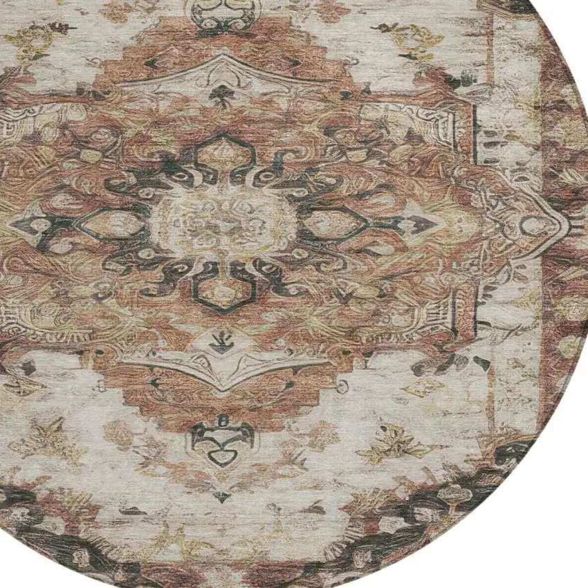 8' Orange And Ivory Round Floral Medallion Washable Indoor Outdoor Area Rug Photo 6