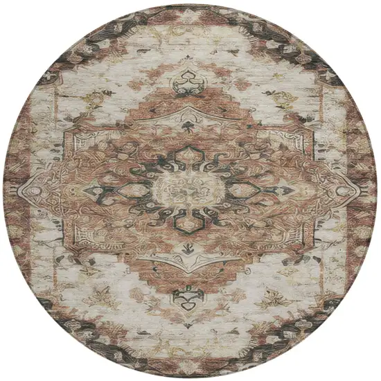 8' Orange And Ivory Round Floral Medallion Washable Indoor Outdoor Area Rug Photo 1